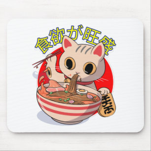 かわいい和風の猫が箸で麺類を食べている マウスパッド