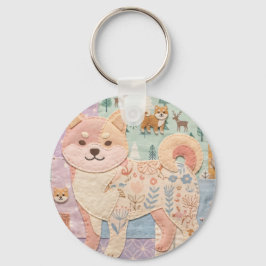 かわいい和風柴犬パッチワークフラワーデザイン キーホルダー
