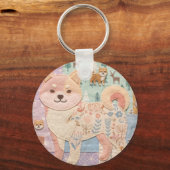 かわいい和風柴犬パッチワークフラワーデザイン キーホルダー (正面)