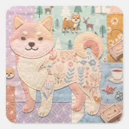 かわいい和風柴犬パッチワークフラワーパターン スクエアシール