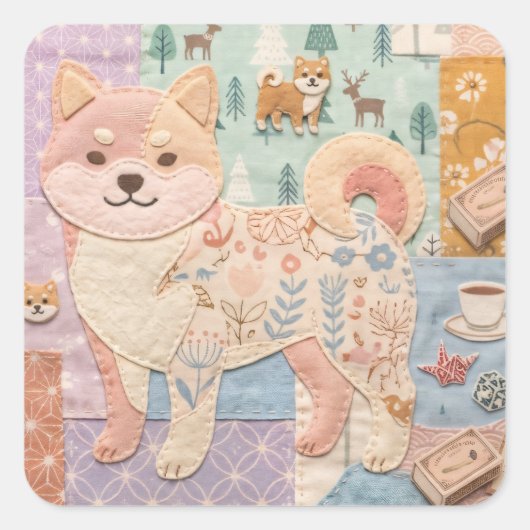 かわいい和風柴犬パッチワークフラワーパターン スクエアシール (正面)