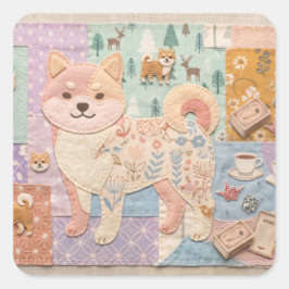 かわいい和風柴犬パッチワークフラワーパターン スクエアシール