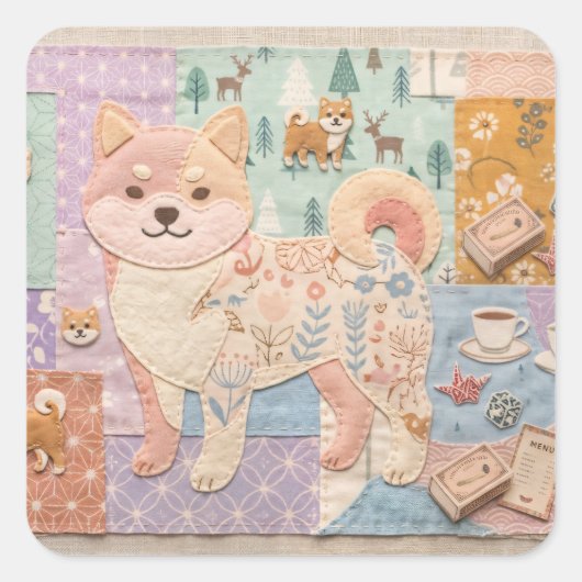 かわいい和風柴犬パッチワークフラワーパターン スクエアシール (正面)