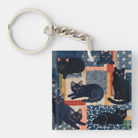 かわいい和風黒猫のパッチワーク キーホルダー (正面)