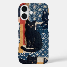 かわいい和風黒猫パッチワークiPhoneケース iPhone 16ケース