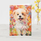 かわいい喜びのピンクの子犬ハッピーバースデー カード (黄色い花)