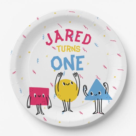 かわいい図形の最初の誕生祝い ペーパープレート (正面)