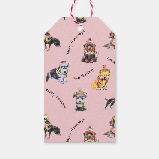 かわいい図解入りの、写真付きのクリスマステリアピンクの冬犬 ギフトタグ (裏面)