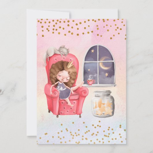 かわいい図解入りの、写真付きの女の子の誕生日パーティー 招待状 (裏面)