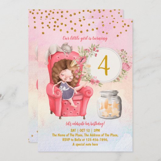 かわいい図解入りの、写真付きの女の子の誕生日パーティー 招待状 (正面/裏面)