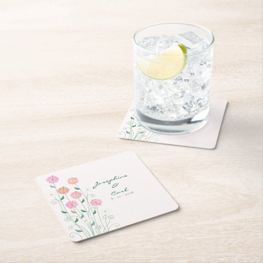 かわいい国のデイジーピンクフローラ スクエアペーパーコースター (インサイチュ)