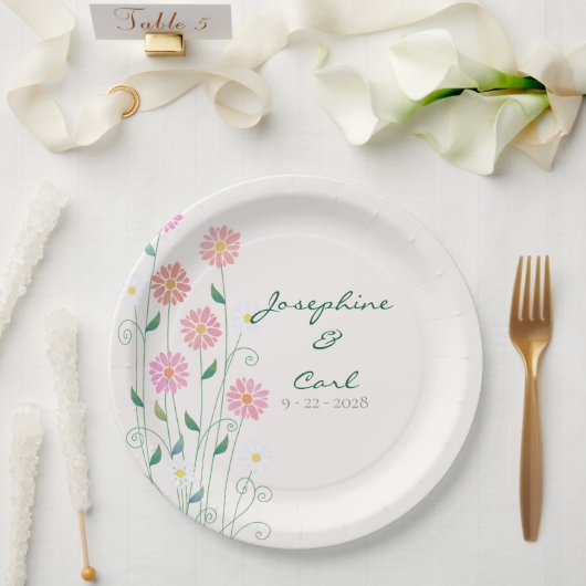 かわいい国のデイジーピンクフローラ ペーパープレート (ウェディング)