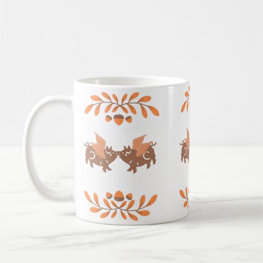 かわいい国の秋キスをする翼のある豚 コーヒーマグカップ (左)