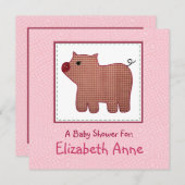 かわいい国スタイルのピンクの格子縞のブタのベビーシャワー 招待状 (正面/裏面)