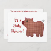 かわいい国スタイルのピンクの格子縞のブタのベビーシャワー 招待状 (正面/裏面)