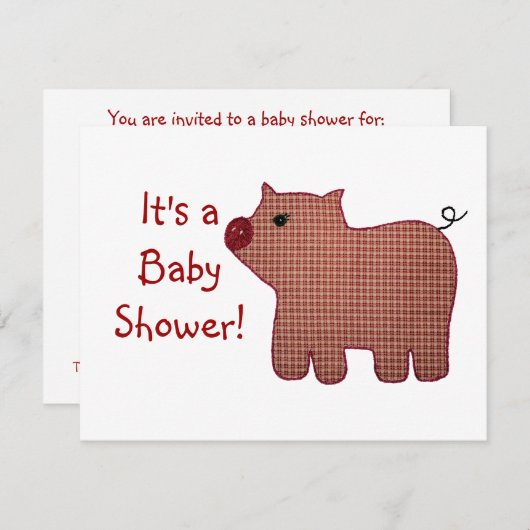 かわいい国スタイルのピンクの格子縞のブタのベビーシャワー 招待状 (正面/裏面)