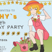 かわいい園芸ガール花付き誕生日 招待状