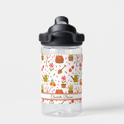 かわいい園芸用具と植物シームレスなパターン ウォーターボトル (背面)