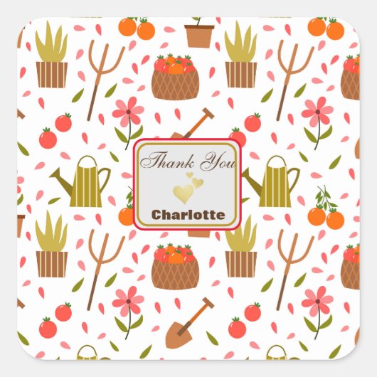 かわいい園芸用具と植物シームレスなパターン スクエアシール (正面)