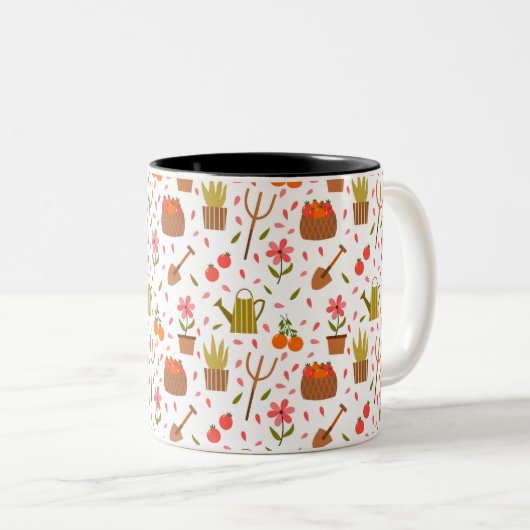 かわいい園芸用具と植物シームレスなパターン ツートーンマグカップ (正面右)
