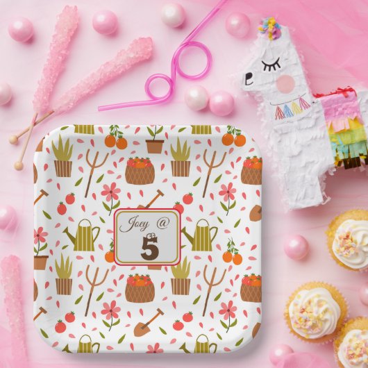 かわいい園芸用具と植物シームレスなパターン ペーパープレート (パーティー)