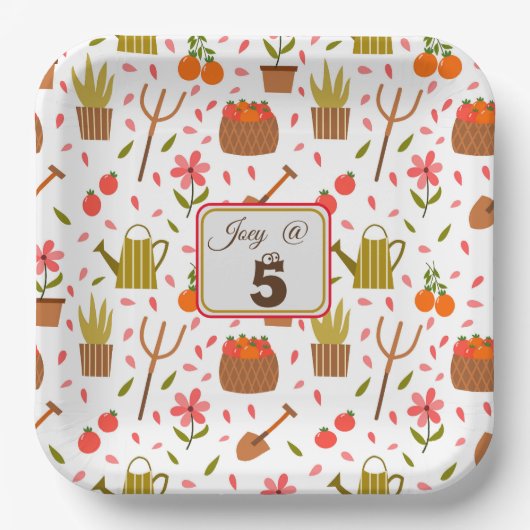 かわいい園芸用具と植物シームレスなパターン ペーパープレート (正面)