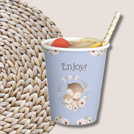 かわいい埃っぽいブルーフローラウッドランドフクロウ赤ちゃんシャワー 紙コップ