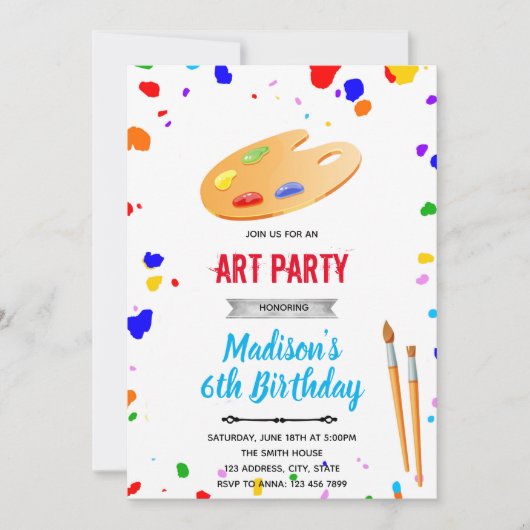 かわいい基本色のアート誕生日 招待状 (正面)