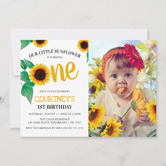 かわいい夏のひまわり1歳の誕生日 |ターニング・ワン 招待状 (正面)