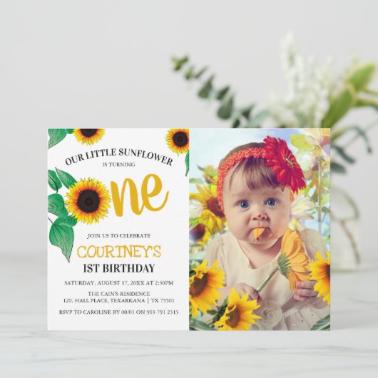 かわいい夏のひまわり1歳の誕生日 |ターニング・ワン 招待状 (スタンド正面)