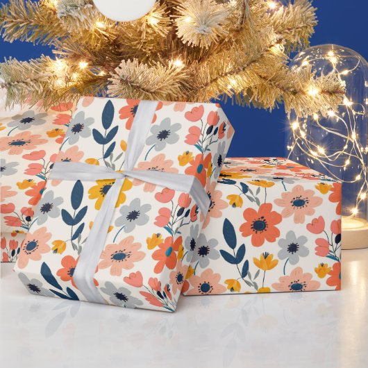 かわいい夏のサンゴとネイビーブルーの花模様 ラッピングペーパー (クリスマス)
