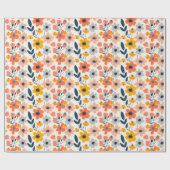 かわいい夏のサンゴとネイビーブルーの花模様 ラッピングペーパー (フラット)