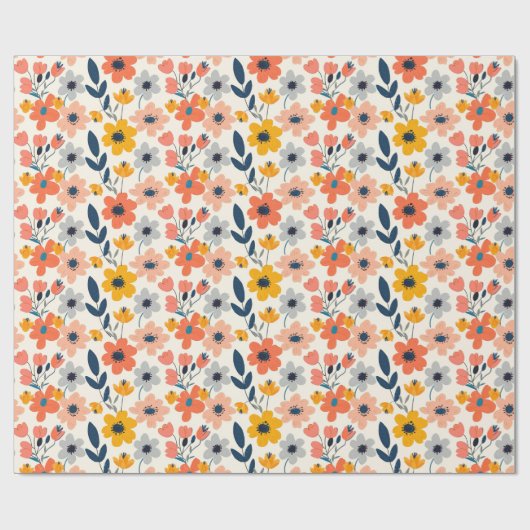 かわいい夏のサンゴとネイビーブルーの花模様 ラッピングペーパー (フラット)