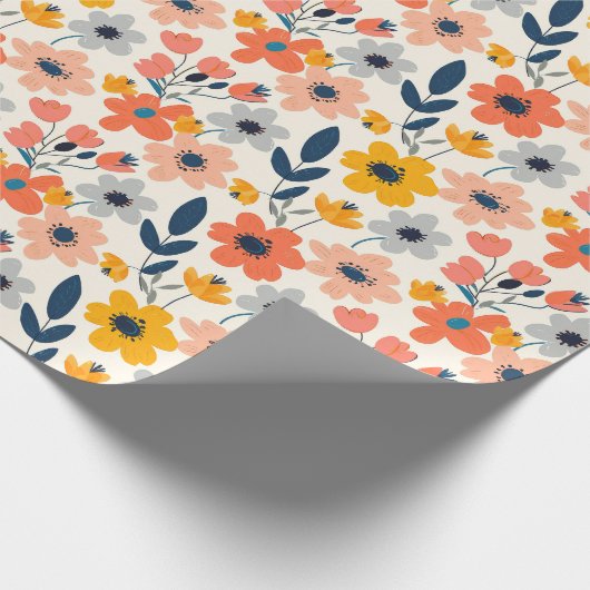 かわいい夏のサンゴとネイビーブルーの花模様 ラッピングペーパー (角)