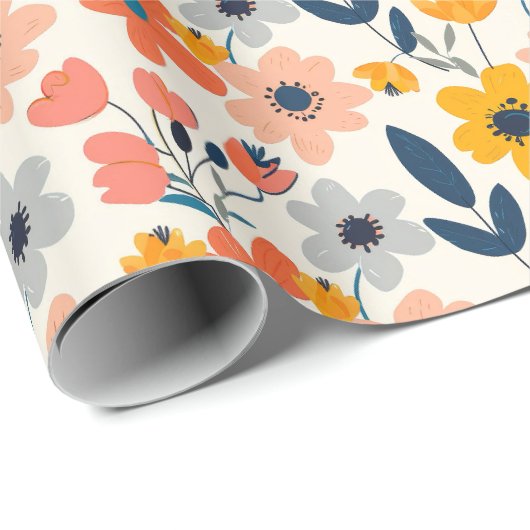 かわいい夏のサンゴとネイビーブルーの花模様 ラッピングペーパー (ロールコーナー)