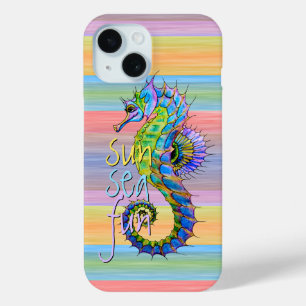 かわいい夏のタツノオトシゴの水彩画のストライプなパターン iPhone 15ケース