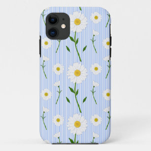 かわいい夏のデイジーパターンライトブルーストライプ iPhone 11 ケース