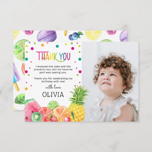 かわいい夏のトロピカルフルーツの誕生日 サンキューカード (正面/裏面)