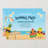 かわいい夏のビーチの漫画のフルーツ 招待状 (正面/裏面)