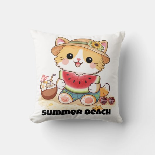 かわいい夏のビーチの猫 クッション (正面)