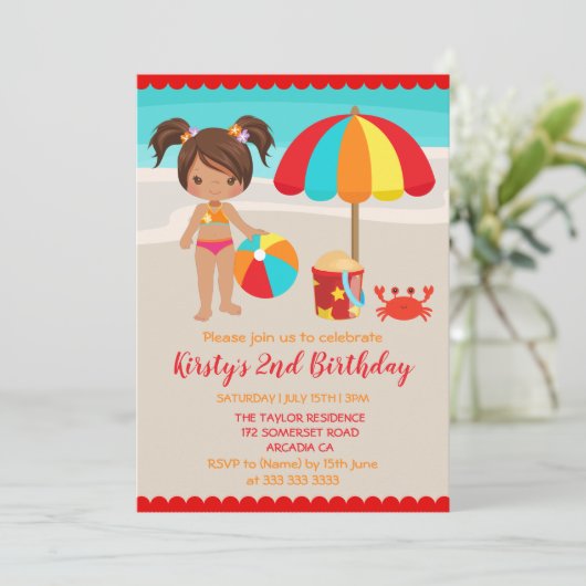 かわいい夏のビーチガール誕生日パーティー 招待状 (スタンド正面)