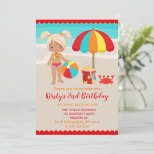 かわいい夏のビーチガール誕生日パーティー 招待状