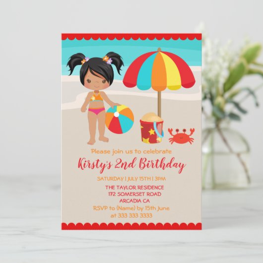 かわいい夏のビーチガール誕生日パーティー 招待状 (スタンド正面)