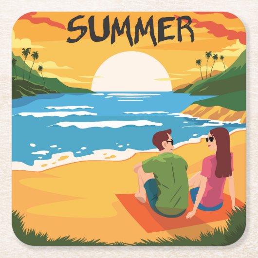 かわいい夏のビーチ場 スクエアペーパーコースター (正面)