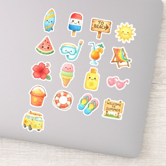かわいい夏のビーチ - キュートな水彩画のバケーション シール (詳細)