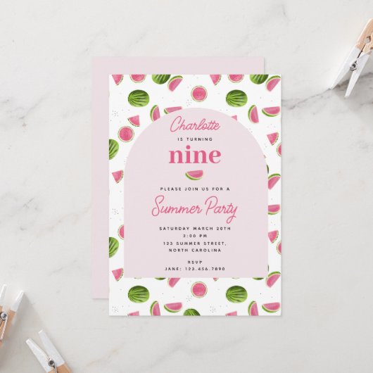 かわいい夏のピンクの女の子の誕生日 わたあめ 招待状 (正面/裏面インサイチュ)