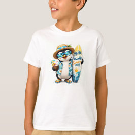 かわいい夏のペンギンのサーフィンビジュアル キッズTシャツ Tシャツ