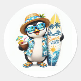 かわいい夏のペンギンのサーフボードステッカー ラウンドシール