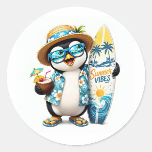 かわいい夏のペンギンのサーフボードステッカー ラウンドシール