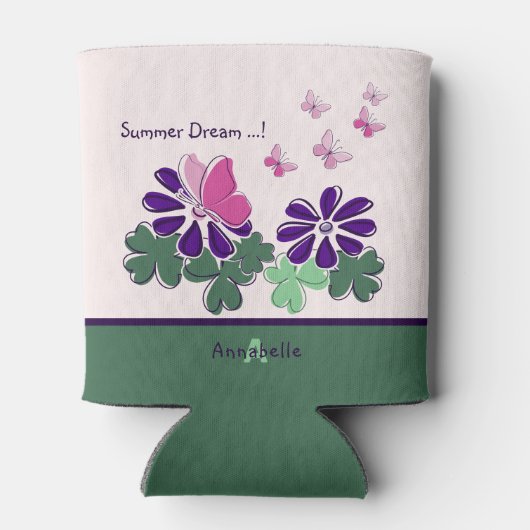 かわいい夏の夢！ピンクの蝶々紫色の花 缶クーラー (裏面)